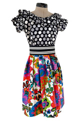 Cutest 1970s Geoffrey Beene Bazaar Mixed Floral & Dot Pattern Ruffle Dress