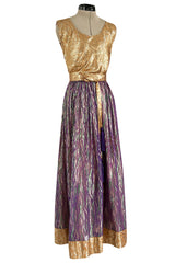 Fabulous 1970s Adolfo Metallic Gold, Green and Purple Silk Skirt, Tassle Belt & Top Set