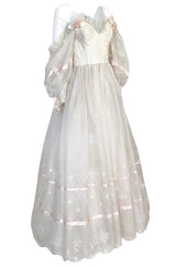1980s Emanuel Custom Fairy Tale Embroidered & Ribboned Silk Organza Dress