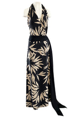 Gorgeous 1980s Valentino Haute Couture Black & Ivory Silk Print Plunging Halter Dress