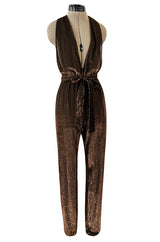 1970s Unlabeled Metallic Copper Lame Lurex Backless Jumpsuit w Halter Front
