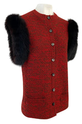 c1973 Yves Saint Laurent Deep Red Sleeveless Sweater Vest w Black Fox Trim & Pockets