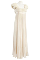 1964 Sarmi Ivory Knife Pleated Silk Chiffon Dress w Cream Mink Bodice & Silk Ribbon Detail