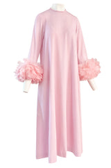 1960s Odette Barsa Loose & Easy Fitting Pink Caftan w Wide Pink Feather Cuffs