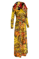 Famous 1971 Bill Blass Vogue Featured Yellow Chenille & Silk Maxi Dress w Elaborate Feather Collar