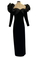 Dramatic 1980s Nina Ricci Black 'Garda' Velvet Dress w Pleated Silk Taffeta Ruffled Shoulders