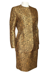 Fall 1991 Bill Blass Well Documented Gold Silk Brocade Jacket & Skirt Suit
