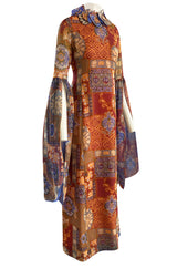 Spectacular 1960s Tina Leser Original  Printed Silk Voile Extra Long Angel Sleeve Dress