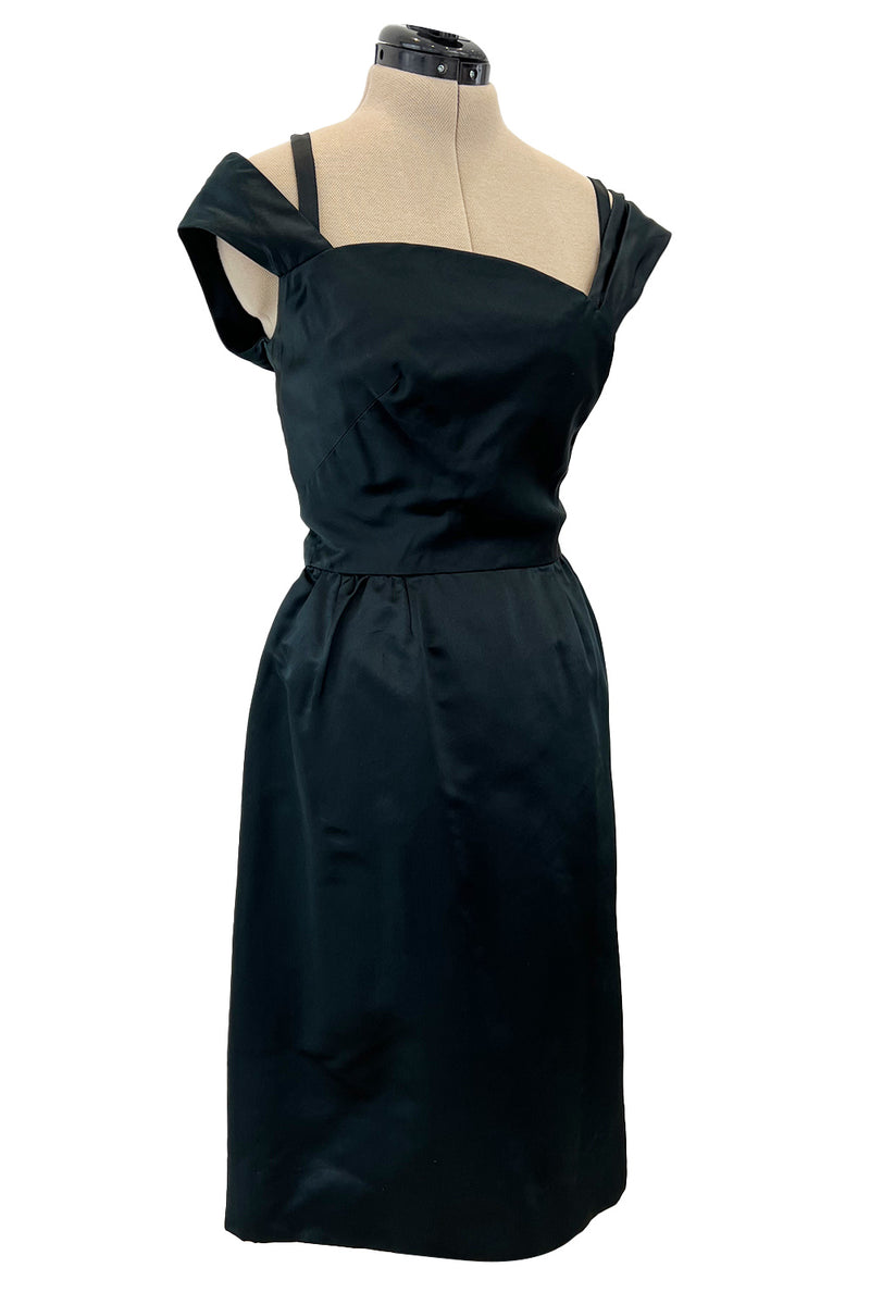 Gorgeous 1950s Harvey Berin Black Silk Cocktail Dress w Asymmetrical Neckline