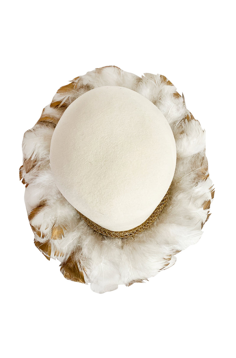 Incredible 1960s Christian Dior Gold Tipped Feather Brim Ivory Hat