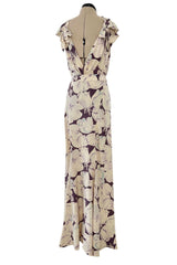 Rare Dated 1934 Bias Cut Soft Purple and Ivory Floral Print Silk Dress & Jacket w MOP Belt