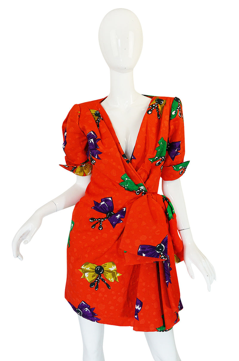 1980s Bow Print Odicini Couture Red Wrap Dress