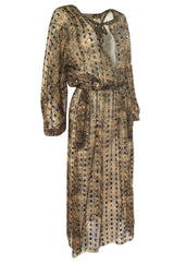 1970s Holly's Harp Silk Ribbon Chiffon Taupe & Black Print Dress