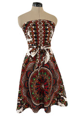 Fantastic 1970s Strapless Extended Multi Tie Bohemian Cotton Batik Print Dress