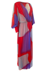 1970s Hanae Mori Full Sleeve Red & Purple Silk Chiffon Maxi Dress