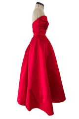 Late 1940s, Early 1950s Strapless Red Silk Satin Full Skirt Dress w Rhinestone Detailing
