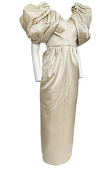 1980s Jacqueline De Ribes Ivory Silk Satin Dress w Amazing Sleeves