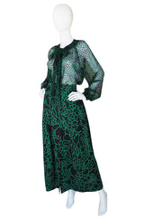 1980s Green Print Chanel Silk Top & Skirt