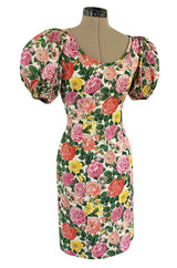 Well Documented Spring 1992 Yves Saint Laurent Ad Campaign Pouf Sleeve Silk Pink Floral Dress