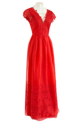 Resort 2015 Alberta Ferretti Red Silk Organza & Embroidered Lace Open Cut Work Dress