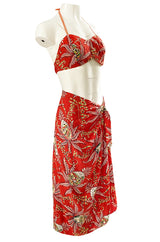 Rare 1930s 1940s Hawaiian Novelty Print Sarong & Halter Set w Fused Sequins