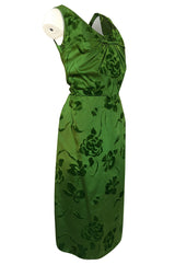 c.1955 Jean Desses Green Silk Dress w Fused Velvet Detailing