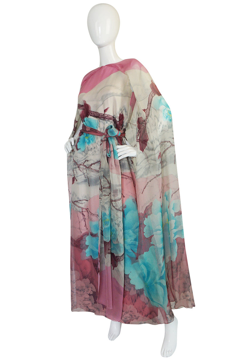 1970s Hanae Mori Couture Silk Chiffon Scenic Floral Dress
