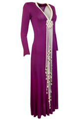 1972 Bob Mackie Ray Aghayan Purple Jersey Dress w Macrame