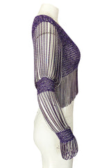 1971- 1973 Loris Azzaro Purple Metallic Lame Crochet Knit & Silver Chain Top