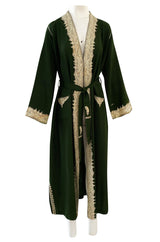 Wonderful 1920s Antique Hand Embroidered Crewel Deep Forest Green Wrap Robe or Coat