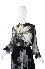 1970s NWT Hanae Mori Silk Chiffon Floral Gown