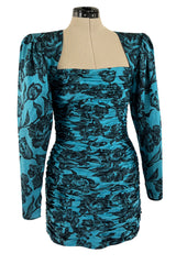 Late 1980s Emanuel Ungaro Teal Blue Printed Silk Mini Dress w Strong Shoulders