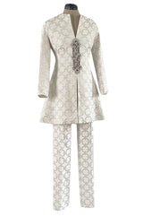 Fabulous 1960s Silver & White Brocade Tunic & Pant Set w Beaded Front Cut Out