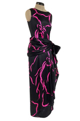 Fall 1985 Unlabeled Ady Couture for YSL Black Silk Hip Swag Dress w Pink Bow Print