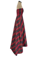 Fabulous 1980s Yves Saint Laurent Strapless Deep Red Plaid Silk & Cotton Dress
