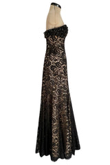 Gorgeous 1990s Isaac Mizrahi Couture Strapless Nude & Black Lace Dress w Beaded Bodice