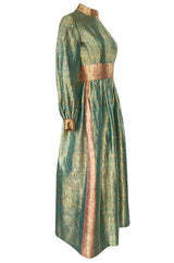 1960s George Halley Gold Metallic Blue-Green & Dusty Pink Lame Dress