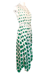 c.1972 Pauline Trigere Graduated Green Dots on Bias Cut Silk Dress