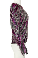 1984 Halston Deep Pink & Silver Densely Sequinned & Heavily Beaded Top w Wide Neckline