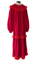 Runway Fall 1977 Yves Saint Laurent Red Wool Smock Dress w Fringe Yarn Detail