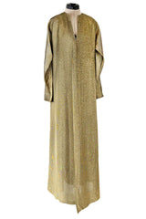 Fantastic 1970s Halston Metallic Gold Lame Lurex Full Length Caftan Dress w Notched Neckline