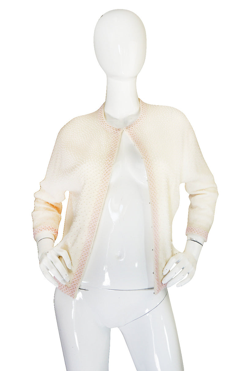 1950s Pink Beaded Cream Cashmere Sweater