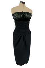 1980s Victor Costa Strapless Jersey Dress w Iridescent Feather Bodice Detail