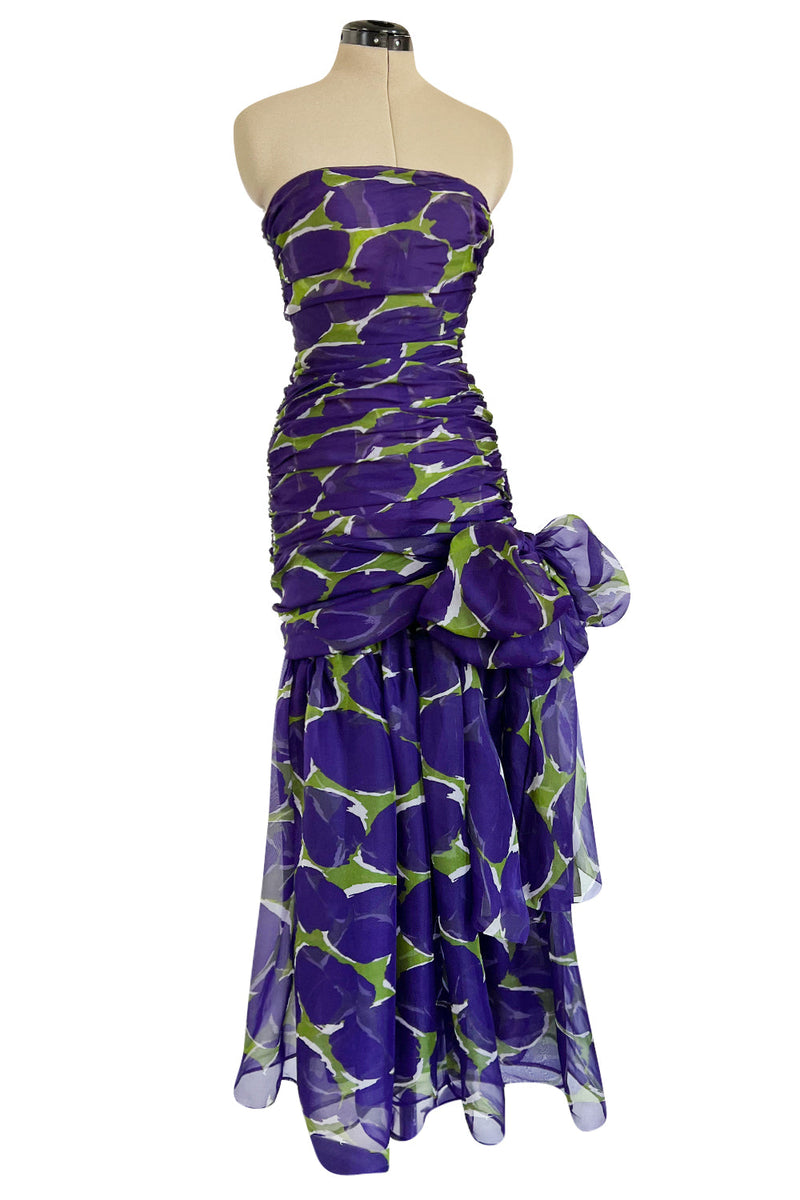 Prettiest Spring 1984 Yves Saint Laurent Runway Strapless Purple & Green Silk Dress
