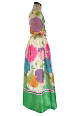 Prettiest 1970s Victoria Royal Off Shoulder Silk Gazaar Floral Print Dress w Ribbon Belt