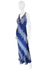 1930s Blue Bias Cut Silk Spiral Gown