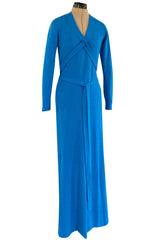 Documented Fall 1977 Halston Cashmere Sky Blue Dress w Extra Long Attached Wrap Ties