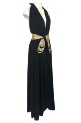 Documented 1980 Bill Tice Plunge Front Black & Gold Backless Halter Dress