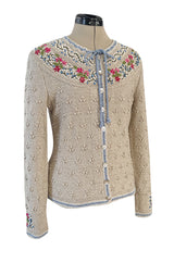 Wonderful 1980s Wolkenstricker Natural Linen Flax Colour Hand Knit Cardigan Sweater w Floral Details