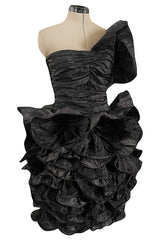 Incredible Fall 1985 Christian Dior by Marc Bohan Black Silk Taffeta Dress w Extravagant Ruffles